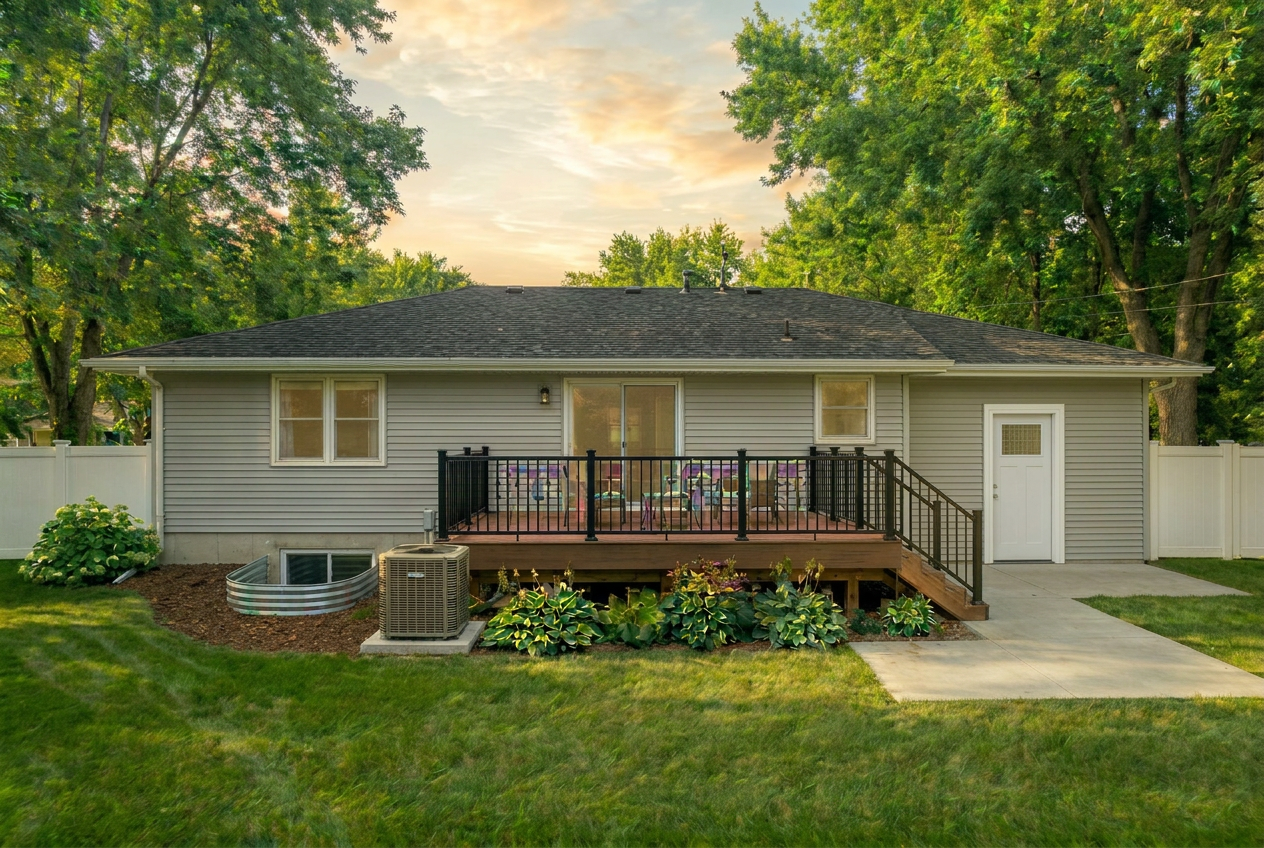 Backyard with composite deck and black aluminum railings